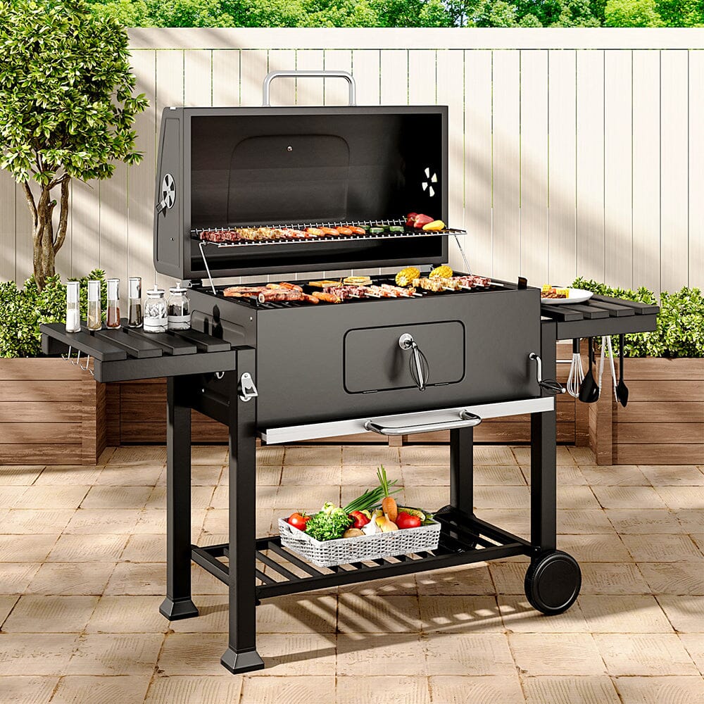 33x43 inch barrel charcoal BBQ grill with side shelves – freestanding outdoor barbecue with temperature gauge and smokestack
